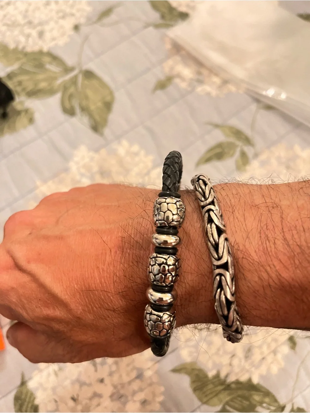 Men's Black Braided Leather Bracelet with Silver Bead Accents